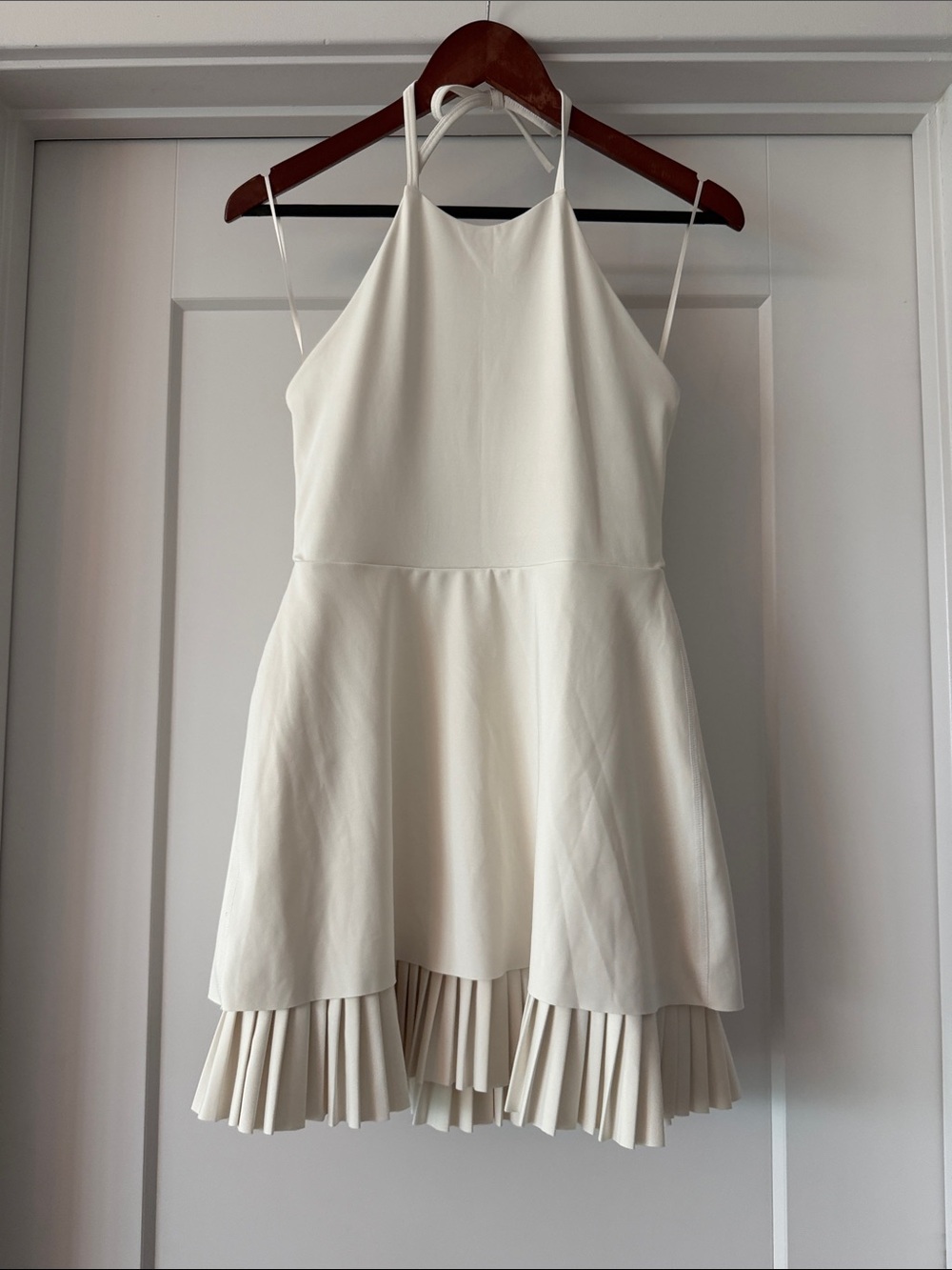 Reformation Cream Halter Mini Dress with Pleated Hem
